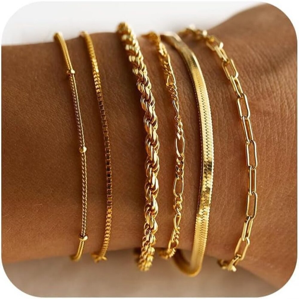 Women's Gold Bracelet Pack DEARMAY 14K Plated Dainty Stackable  Cuban Paperclip